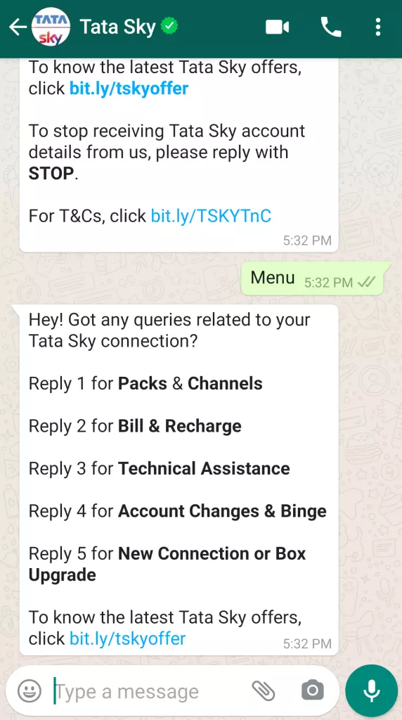 Whatsapp hot sale tata sky